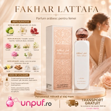 Parfum Arăbesc Lattafa Fakhar Women All Over Spray 150 ml, Spray Parfumat Damă, Aromă Florală cu Bergamotă, Crin, Rodie și Vanilie - Img 9