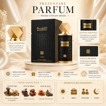 Parfum Arăbesc Lattafa Mashrabya 100 ml, Apă de Parfum Unisex, Aromă Caldă cu Shisha, Măr, Tutun, Curmale, Caramel și Fum de Oud - Img 3