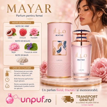 Parfum Arabesc Lattafa Mayar EDP 100 ml Damă, Aromă Floral Fructată cu Litchi, Zmeură, Trandafir, Bujor, Violetă și Mosc - Img 10