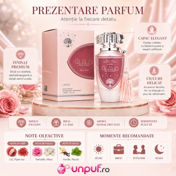 Parfum Arăbesc Lattafa Mohra Silky Rose 100 ml, Apă de Parfum Damă, Aromă Floral Orientală cu Trandafir, Iris, Mosc Alb și Note Fructate - Img 3