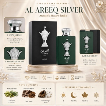 Parfum Arăbesc Lattafa Pride Al Areeq Silver 100 ml, Apă de Parfum Unisex, Aromă Orientală cu Grapefruit, Ghimbir, Vetiver, Mosc, Ambroxon și Lemn de Santal - Img 3