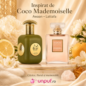 Parfum Arăbesc Lattafa Pride Awaan Gold EDP 100 ml Unisex, Inspirat Coco Mademoiselle, Aromă Citric Florală cu Bergamotă, Portocală, Floare de Portocal, Iasomie, Patchouli, Lemn de Santal și Mosc - Img 8