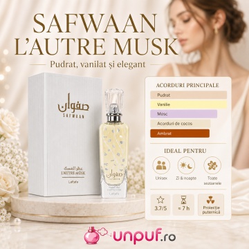 Parfum Arăbesc Lattafa Safwaan L’Autre Musk 100 ml, Apă de Parfum Unisex, Aromă Curată Pudrată cu Mosc, Vanilie, Ambră, Oud și Note Lemnoase - Img 8