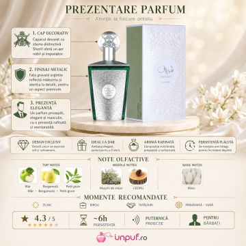 Parfum Arăbesc Lattafa Sherif 100 ml, Apă de Parfum Bărbat, Aromă Fresh Lemnoasă cu Cimbru, Măr, Bergamotă, Petitgrain, Cedru, Mosc și Cashmeran - Img 3