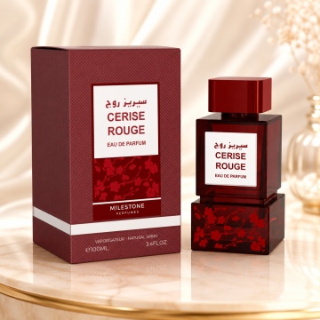 Parfum Arăbesc Milestone Cerise Rouge EDP 100 ml Unisex, Inspirat Lost Cherry, Aromă Fructat Gurmandă cu Cireșe, Fructe Roșii, Migdale Amare, Lichior de Cireșe, Iasomie, Trandafir, Tonka, Lemn Dulce, Mosc și Vanilie