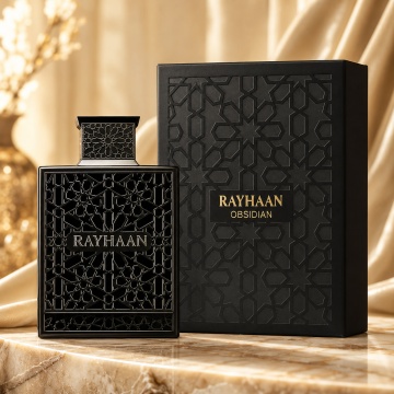Parfum Arăbesc Obsidian Rayhaan EDP 100 ml Unisex, Inspirat Ultra Male, Aromă Oriental Ambrată cu Citrice, Condimente, Piper, Rășini, Flori Albe, Tămâie, Ambră, Lemn Întunecat și Mosc