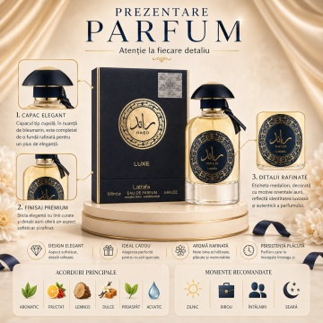 Parfum Arăbesc Ra’Ed Luxe Gold Lattafa EDP 100 ml Bărbat, Inspirat K Dolce & Gabbana, Aromă Lemnos Aromatică cu Bergamotă, Lavandă, Cardamom, Geranium, Cedru, Paciuli, Vanilie și Vetiver - Img 3