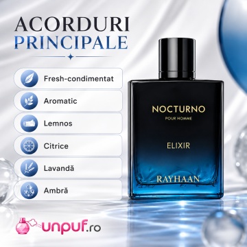 Parfum Arăbesc Rayhaan Nocturno Men EDP 100 ml Bărbat, Aromă Aromatic Lemnoasă cu Grapefruit, Bergamotă, Piper, Geranium, Lavandă, Salvie, Ambră, Cedru, Mosc și Vetiver - Img 3