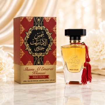 Parfum Arăbesc Shams Al Emarat Khususi Red Oud Ard Al Zaafaran 100 ml, Apă de Parfum Damă, Aromă Oriental Oud, Florală și Ambrată, Inspirat Intense Cafe