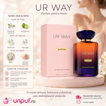 Parfum Arăbesc UR Way Parfum Fragrance World 100 ml, Apă de Parfum Damă, Aromă Floral Alb Vanilată cu Bergamotă, Floare de Portocal, Iasomie Indiană, Tuberoză, Cedru, Mosc Alb și Vanilie - Img 9