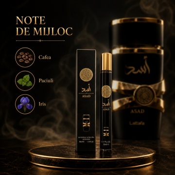 Parfum Asad 35 ml, Apă de Parfum Bărbat, Aromă Oriental Condimentată, Lemnoasă și Vanilată, Format Compact, Note de Piper Negru, Ananas, Tutun, Cafea, Paciuli, Iris, Ambră, Vanilie, Rășină Benzoică și Labdanum - Img 5