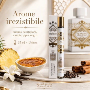 Parfum Badee Al Oud Honor & Glory 35 ml, Apă de Parfum Unisex, Aromă Dulce Orientală, Tropicală și Cald Condimentată, Format Compact, Note de Ananas, Cremă de Zahăr Ars, Scorțișoară, Vanilie, Lemn de Santal și Mosc - Img 7