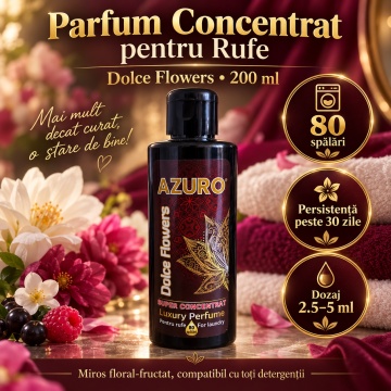 Parfum Concentrat pentru Rufe Azuro Dolce Flowers, până la 80 Spălări, Aromă Florală Intensă, pentru Spălare Automată și Manuală, 200 ml