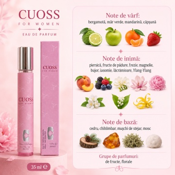 Parfum Cuoss For Women 35 ml, Apă de Parfum Damă, Aromă Fructat Florală Fresh și Feminină, Format Compact, Note de Bergamotă, Măr Verde, Mandarină, Căpșună, Piersică, Bujor, Iasomie, Mosc și Cedru - Img 5