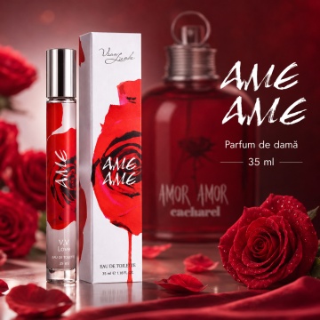 Parfum Damă Ame Ame 35 ml V.V. Love, Apă de Parfum, Inspirat de Amor Amor Cacharel, Aromă Citric Fructată cu Coacăze Negre, Portocală, Mandarină, Trandafir, Iasomie, Vanilie, Ambră și Mosc