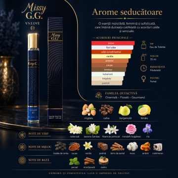 Parfum Damă Missy G.G. 35 ml V.V. Love, Apă de Toaletă, Inspirat de Good Girl Carolina Herrera, Aromă Oriental Floral Gurmandă cu Migdale, Cafea, Bergamotă, Tuberoză, Iasomie, Floare de Portocal, Vanilie, Pralină, Tonka, Cacao, Mosc și Cedru - Img 3