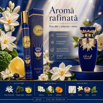 Parfum Haya 35 ml, Apă de Parfum Unisex, Aromă Florală Citrică și Lemnoasă, Format Compact, Note de Floare de Portocal, Coacăze Negre, Bergamotă, Tuberoză, Iasomie, Mosc, Vanilie, Cedru și Paciuli - Img 6