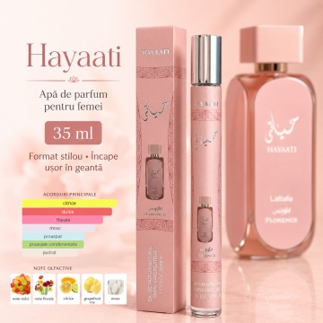 Parfum Hayaati 35 ml, Apă de Parfum Damă, Aromă Floral Fructată Dulce, Citrică și Moscată, Format Compact, Note de Grapefruit Roz, Citrice, Flori, Mosc, Lychee, Trandafir, Piersică, Vanilie și Pralină - Img 2