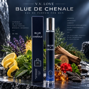 Parfum pentru barbati Blue de Chenale V.V. Love, Apa de Parfum, 35 ml, aroma lemnoasa citrica aromatica, coaja de lamaie, bergamota, menta, pelin, lavanda, ananas, nucsoara, lemn de santal, cedru, lemn ambrat si boabe de tonka