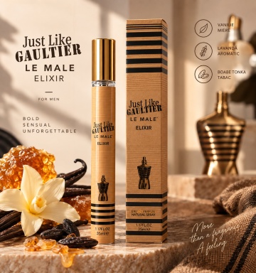 Parfum pentru barbati Just Like Gaultier Le Male Elixir V.V. Love, Apa de Parfum, 35 ml, aroma vanilata dulce ambrata, lavanda, menta, vanilie, rasina benzoica, miere, boabe de tonka si tutun