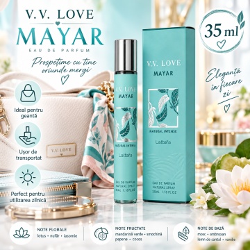 Parfum pentru femei Mayar V.V. Love, Apa de Parfum, 35 ml, aroma florala acvatica fructata, mandarina verde, smochina, apa de cocos, pepene, lotus, nufar, iasomie, mosc, ambroxan, lemn de santal si vanilie - Img 6