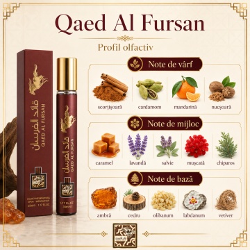 Parfum Qaed Al Fursan 35 ml, Apă de Parfum Unisex, Aromă Ambrată Cald Condimentată și Lemnoasă, Format Compact, Note de Scorțișoară, Cardamom, Mandarină, Nucșoară, Caramel, Lavandă, Ambră, Cedru și Vetiver - Img 4