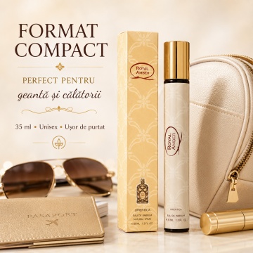 Parfum Royal Amber 35 ml, Apă de Parfum Unisex, Aromă Dulce Fructată și Ambrată, Format Compact, Note de Bergamotă, Note Verzi, Pepene, Ananas, Ambră, Mosc, Note Lemnoase și Vanilie - Img 3