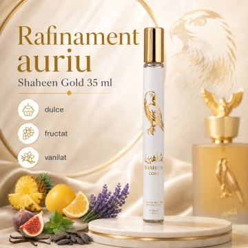 Parfum Shaheen Gold 35 ml, Apă de Parfum Bărbat, Aromă Dulce Fructată și Vanilată, Format Compact, Note de Ananas, Grapefruit, Smochină, Lavandă, Vanilie, Paciuli și Boabe de Tonka - Img 7
