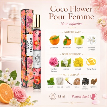 Parfum Soso Flower Pour Femme 35 ml, Apă de Parfum Damă, Aromă Floral Citrica Elegantă, Format Compact, Note de Portocală, Mandarină, Bergamotă, Floare de Portocal, Trandafir, Iasomie, Vanilie, Mosc Alb și Paciuli - Img 3