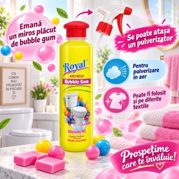 Parfum Superconcentrat WC Royal Air Fresh Bubble Gum, Parfum Ambiental Intens cu Aromă Dulce, cu Picurător, Fabricat în România, 250 ml - Img 6
