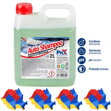 Șampon auto concentrat PRO X Auto Shampoo, pH neutru, spumare intensă, curățare și degresare caroserie, conferă luciu și protecție, pentru toate tipurile de caroserii, 2 L, 4x Stickere