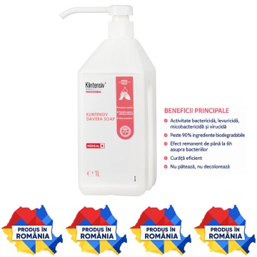 Săpun biocid dezinfectant Klintensiv Davera Soap Professional, cu clorhexidină 2%, pentru dezinfectarea igienică a mâinilor prin spălare, spitale, clinici și instituții, 1 L, 4x Stickere