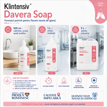 Săpun dezinfectant profesional Klintensiv Davera Soap, cu clorhexidină digluconat 2%, pentru spitale, industrie alimentară, farmaceutică, cosmetică și HoReCa, canistră 5 L, 4x Stickere - Img 6
