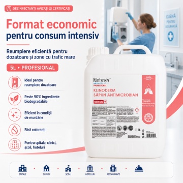 Săpun dezinfectant profesional Klintensiv Klinoderm, pentru spitale, clinici, industria alimentară, farmaceutică, cosmetică și reumplere dozatoare, bactericid, virucid, tuberculocid, canistră 5 L, 4x Stickere - Img 6