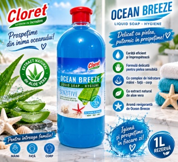 Săpun Lichid Cremos Cloret Ocean Breeze Sensitive, Rezervă pentru Mâini, cu Complex de Hidratare, Curățare Delicată, pentru Reumplere Recipiente, 1 L