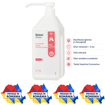 Săpun lichid dezinfectant profesional Klintensiv Klinoderm, pentru dezinfectarea igienică și chirurgicală a mâinilor, corpului și pielii intacte, aviz biocid, 1 L, 4x Stickere