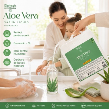 Săpun lichid Klintensiv, parfum Aloe Vera, formulă profesională pentru mâini și tegumente, peste 94% ingrediente biodegradabile, ideal pentru hoteluri, firme, birouri și spații publice, 5 L, 4x Stickere - Img 3