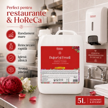 Săpun lichid Klintensiv, parfum Bujori si Freza, formulă profesională pentru mâini și tegumente, peste 94% ingrediente biodegradabile, ideal pentru hoteluri, firme, birouri și spații publice, 5 L, 4x Stickere - Img 3