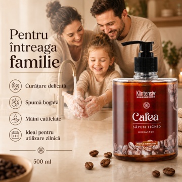 Săpun lichid Klintensiv, parfum Cafea, spumă fină, efect emolient și protectiv, peste 94% ingrediente biodegradabile, pentru mâini și tegumente, 500 ml, 4x Stickere - Img 3