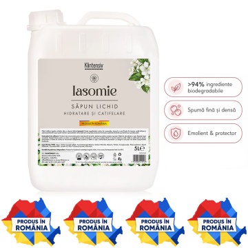 Săpun lichid Klintensiv, parfum Iasomie, formulă profesională pentru mâini și tegumente, peste 94% ingrediente biodegradabile, ideal pentru hoteluri, firme, birouri și spații publice, 5 L, 4x Stickere