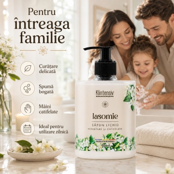 Săpun lichid Klintensiv, parfum Iasomie, spumă fină, efect emolient și protectiv, peste 94% ingrediente biodegradabile, pentru mâini și tegumente, 500 ml, 4x Stickere - Img 3