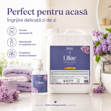 Săpun lichid Klintensiv, parfum Liliac, formulă profesională pentru mâini și tegumente, peste 94% ingrediente biodegradabile, ideal pentru hoteluri, firme, birouri și spații publice, 5 L, 4x Stickere - Img 3