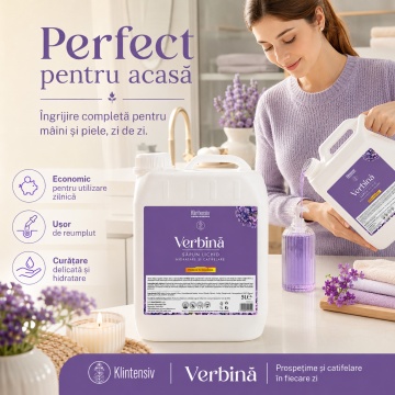 Săpun lichid Klintensiv, parfum Verbina, formulă profesională pentru mâini și tegumente, peste 94% ingrediente biodegradabile, ideal pentru hoteluri, firme, birouri și spații publice, 5 L, 4x Stickere - Img 3
