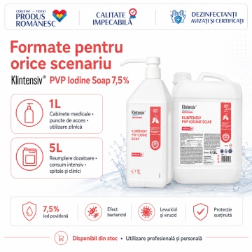 Săpun profesional chirurgical cu iod povidonă Klintensiv PVP Iodine Soap 7,5%, pentru mâini, corp, decolonizare tegumente și pregătire preoperatorie, aviz biocid, 1 L, 4x Stickere - Img 6