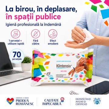 Șervețele dezinfectante mâini Klintensiv, pachet 70 buc, pentru igiena mâinilor și pielii, bactericide, levuricide, fără clătire, pentru birou, școli, restaurante și spații publice, aviz biocid, 4x Stickere - Img 3