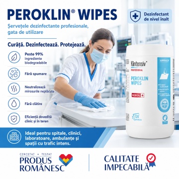 Servețele dezinfectante profesionale Peroklin Wipes Klintensiv, gata de utilizare, cu peroxid de hidrogen și săruri de amoniu cuaternar, pentru suprafețe, echipamente și instrumentar medical, tub 120 servetele, 4x Stickere - Img 3