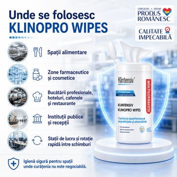 Șervețele dezinfectante suprafețe Klinopro Wipes, profesionale, bactericide, fungicide și virucide în 5 minute, pentru HoReCa, farmaceutic, alimentar și instituții publice, tub 120 buc, 4x Stickere - Img 3