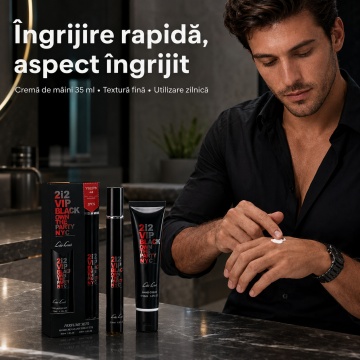 Set 212 VIP Black Own The Party NYC 2x35 ml, Apă de Toaletă Bărbat 35 ml + Cremă de Mâini 35 ml, Aromă Masculină Aromatică, Vanilată și Fin Condimentată, Note de Absint, Anason, Fenicul, Lavandă, Coajă de Vanilie Neagră și Mosc - Img 4