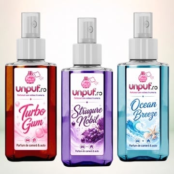 Set 3 Odorizante auto si casa Unpuf – Arome Ocean Breeze Strugure Nobil Turbo Gum, 3 x 75 ml