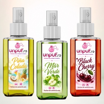 Set 3 Odorizante auto si casa Unpuf, Arome Black Cherry Mar Verde Pina Colada, cu pulverizator, improspatare aer si parfum de durata, 3x75 ml
